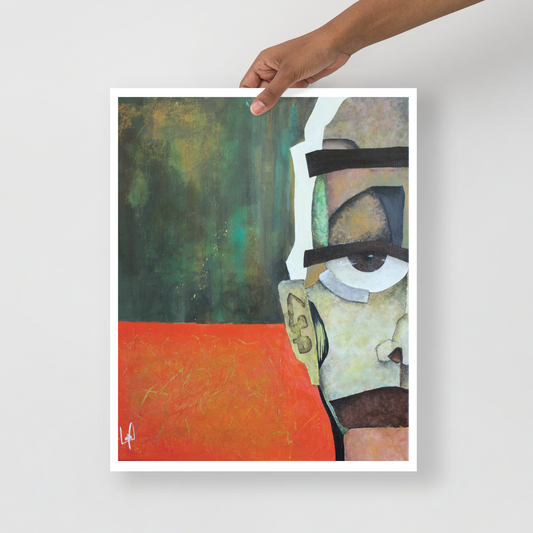 A berson holding a 16×20inch art print of Abstract Original Painting titled "Closer" Image is of half of an abstract face in the right side of the canvas colors; orange,green, yellow, browns, and greens 